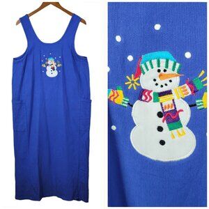 Vintage 90s Overall Dress Medium Embroidered Snowman Midi Modest Blue Ribbed